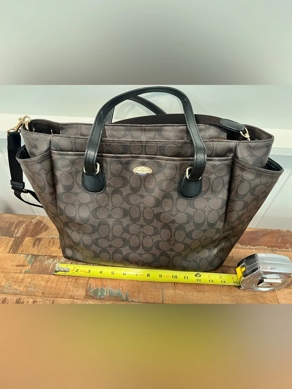 Signature Pattern Brown Diaper Tote Bag with Shoulder Strap